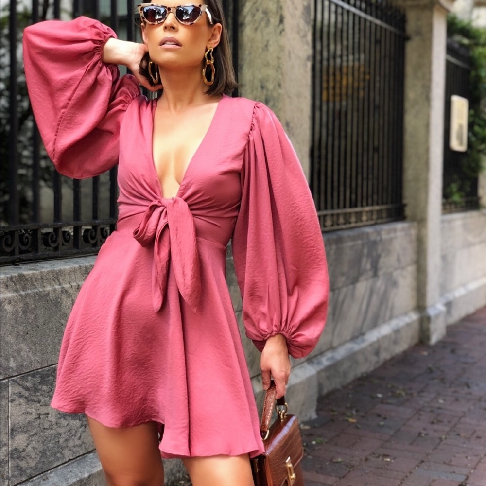 Wore once! Rose Pink Satin Puff Sleeve Dress - Picture 2 of 9